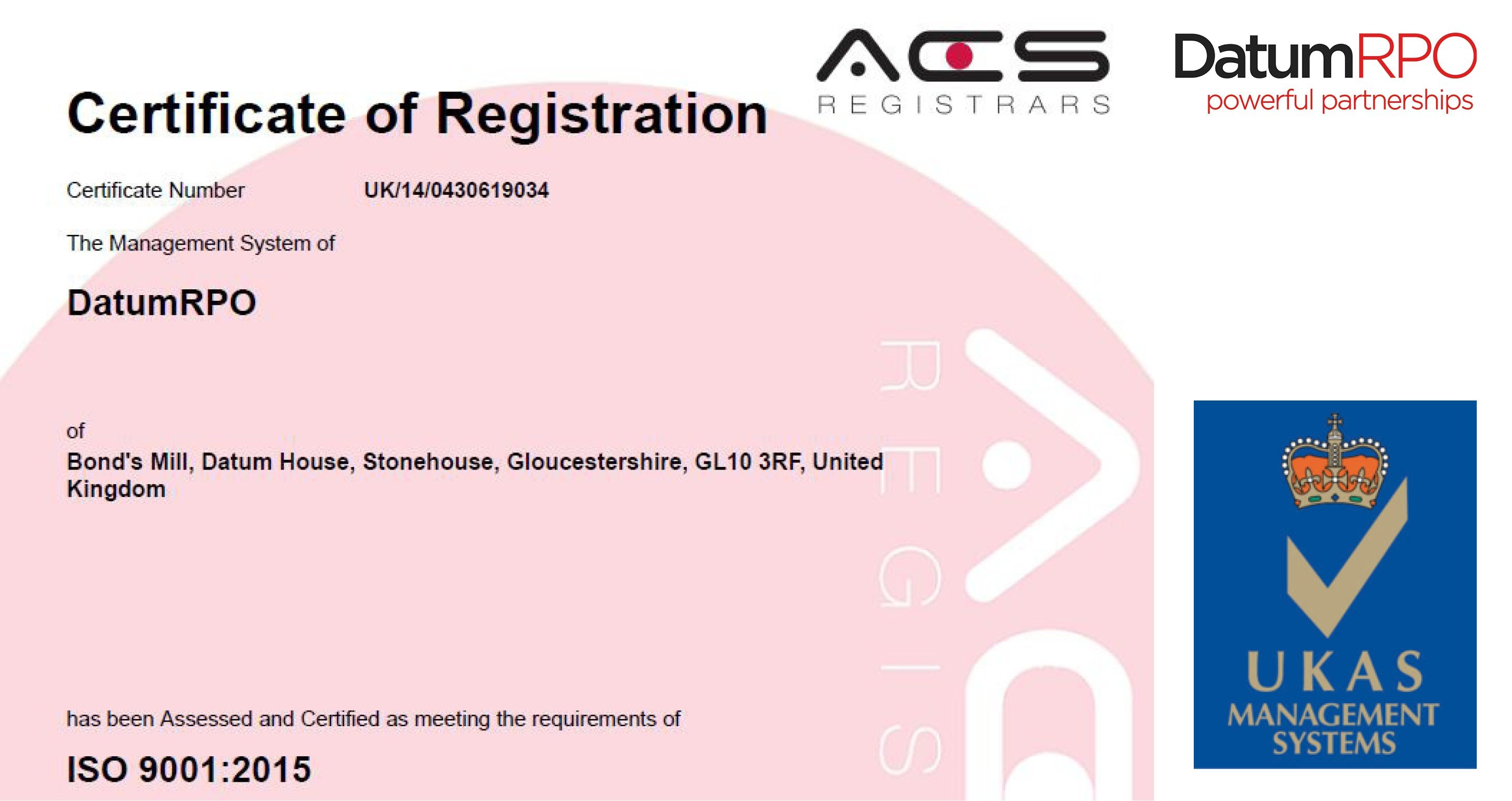 Datum RPO awarded revised ISO 9001 & 14001:2015 certificates